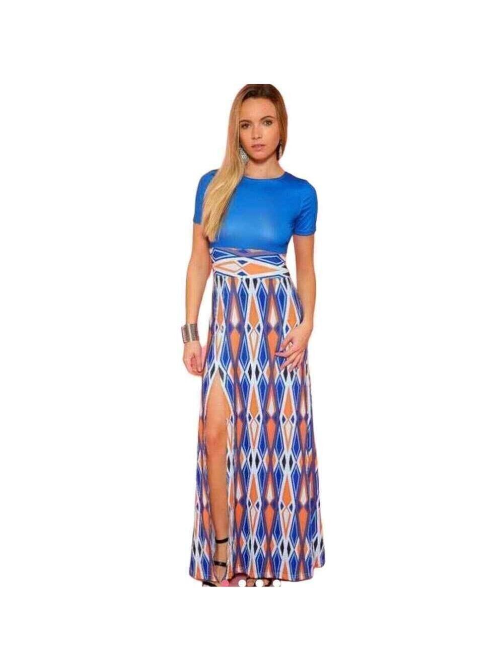 Chic Me Royal Blue & Orange Tribal Print Maxi/Long Dress Size Medium NWT